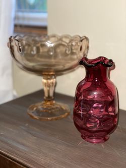 Fenton tall pink bowl & small cranberry vase for sale!