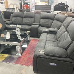 Brand New Charcoal Gel Leather Power Reclining Sectional Set 