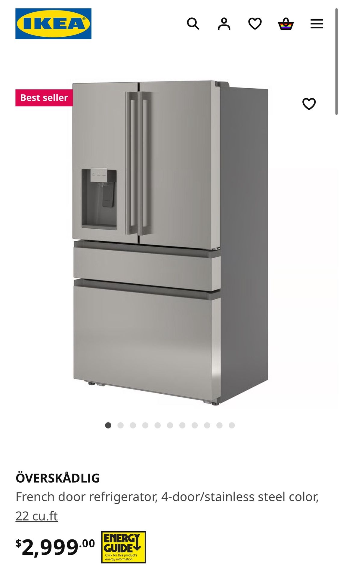 New! French door refrigerator, 4-door/stainless steel color, 22 cu.ft