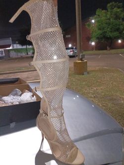 Knee-High Rhinestone Mesh Stiletto Heels