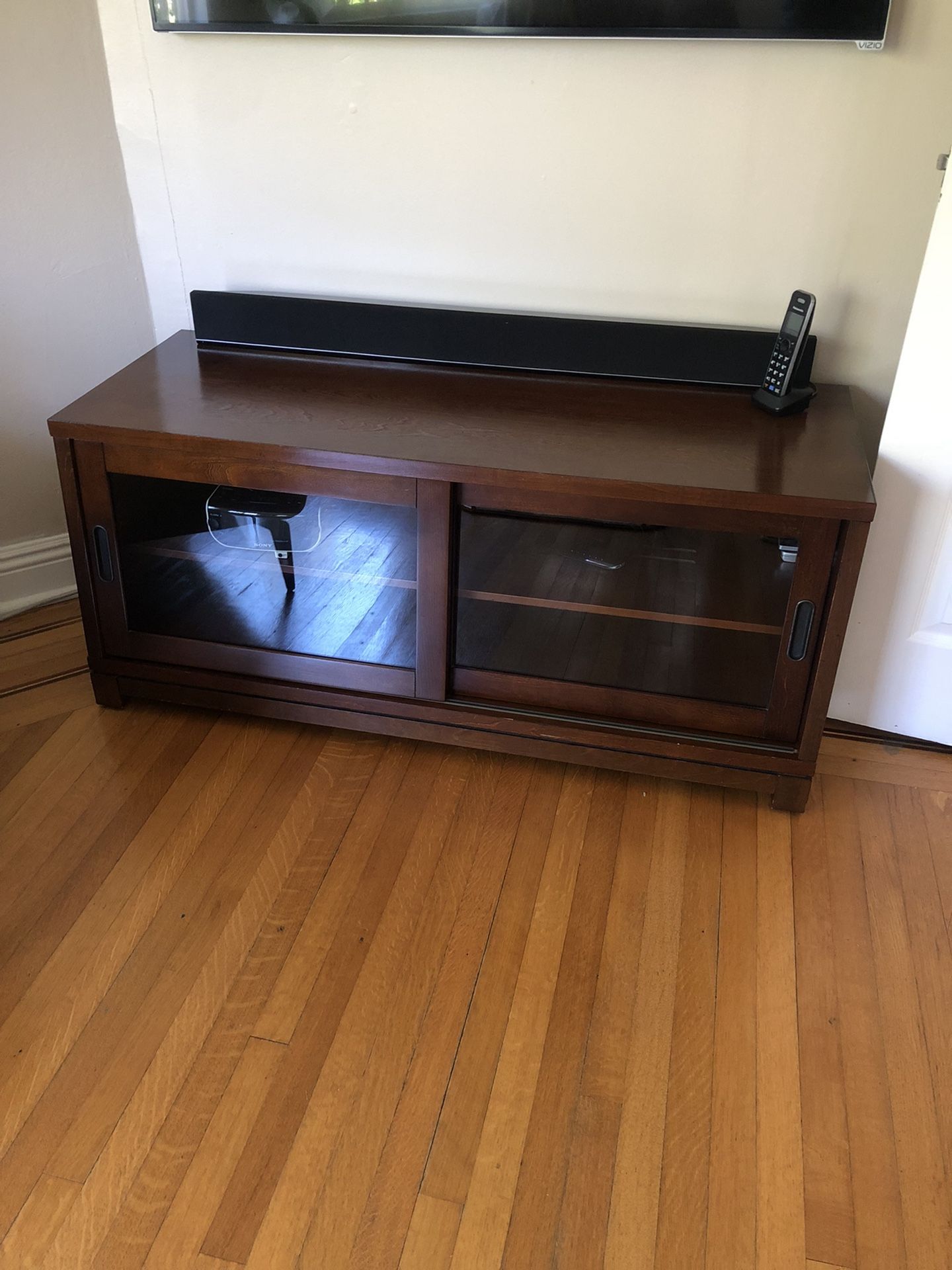 Dark Brown Mahogany Wood TV Stand Storage With Sliding Glass Doors Already Assembled