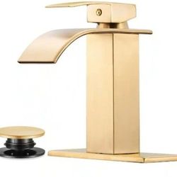 Sturdy Solid Brass Luxury Waterfall Faucet, Deck Plate, Pop Up Drain, Brushed Gold