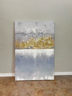 36x24 LARGE White Blue/Grey & Gold Foil/Glitter Textured Canvas Wall Art