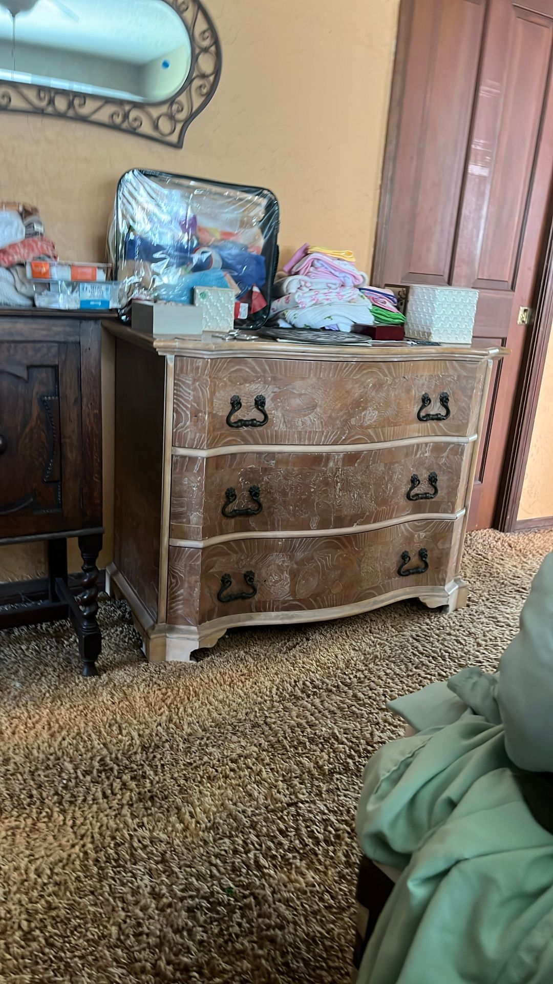 Three drawer white washed, pine, distressed, wood dresser