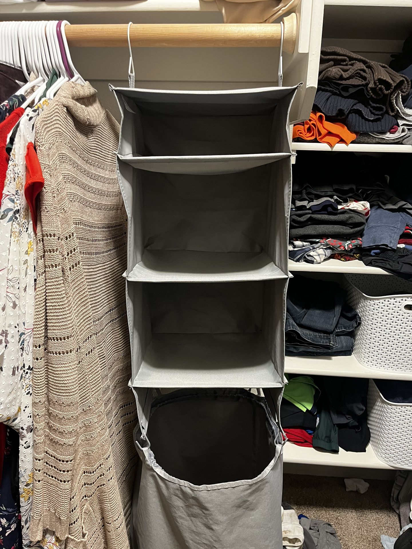 Gray Closet Organizer With Detachable Hamper