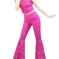 aywig Cowgirl Outfit 70s 80s Hippie Disco Costume Pink Flare Pant Halloween Cosplay For Women Girls Small 