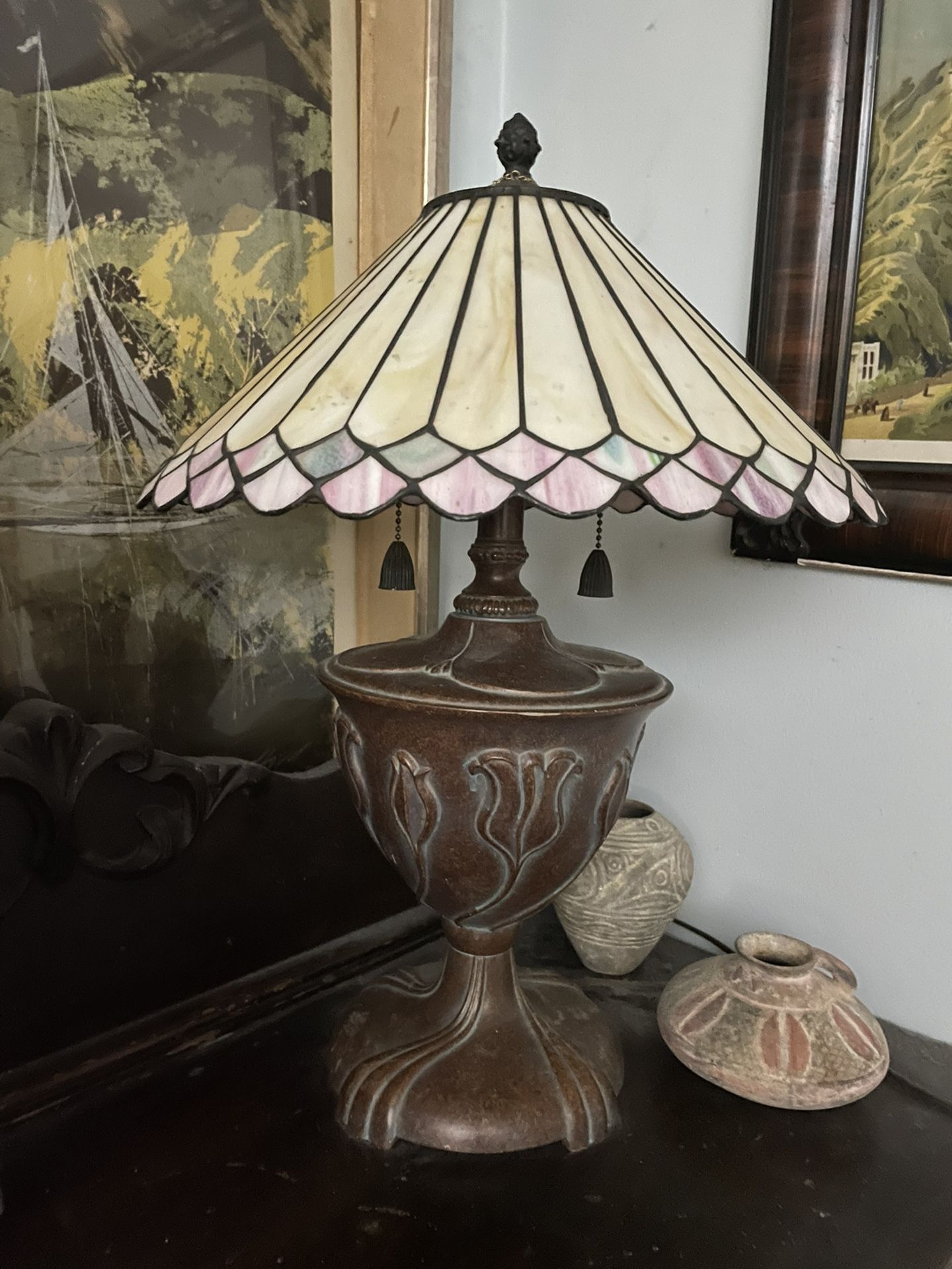 Antique Stained Glass Lamp With Tulip Base  
