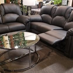 Brand New Black Bonded Leather Manual Reclining Sofa + Loveseat 2PCs Set