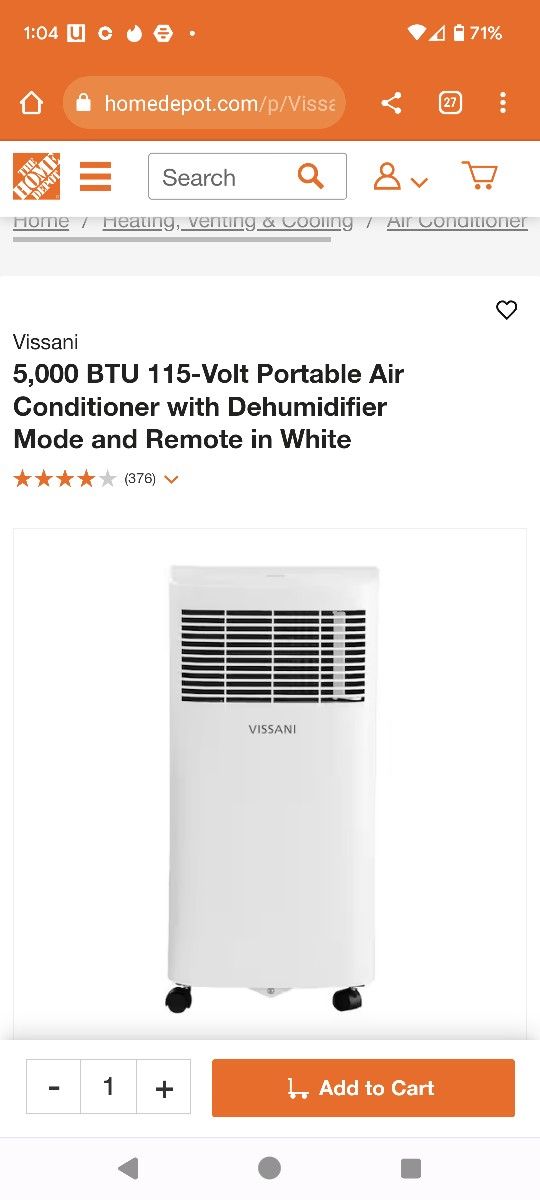 Vissani 5,000 BTU 115-Volt Portable Air Conditioner with Dehumidifier Mode W Rrmote