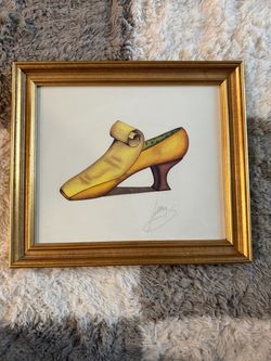 LUCRERIE Signed Vintage Shoe Art Print Framed Gold Gilt Wall Decor Fashion Art
