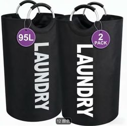 2 Pack 95L Laundry Hampers, Waterproof Baskets with Aluminum Handles ，2 PACK - Black