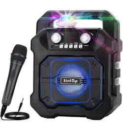 VerkTop Portable karaoke machine PA system Rechargeable wireless Bluetooth speaker with disco ball and wired microphone for children and adults