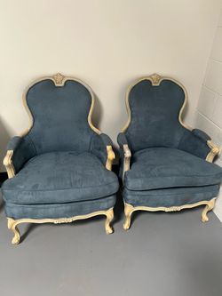 Pair of French Style Accent Chairs – Blue Velvet Upholstery – Louis XV Rococo