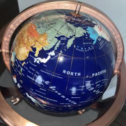 Vintage 1970s 14" Tall Gemstone Globe with 9” Lapis Ocean on Copper Stand