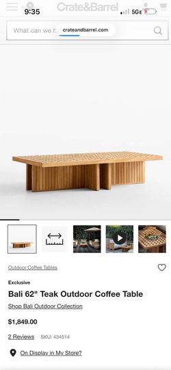 New Crate and Barrel Bali 62" Teak Outdoor/Indoor Coffee Table $1849 in stores