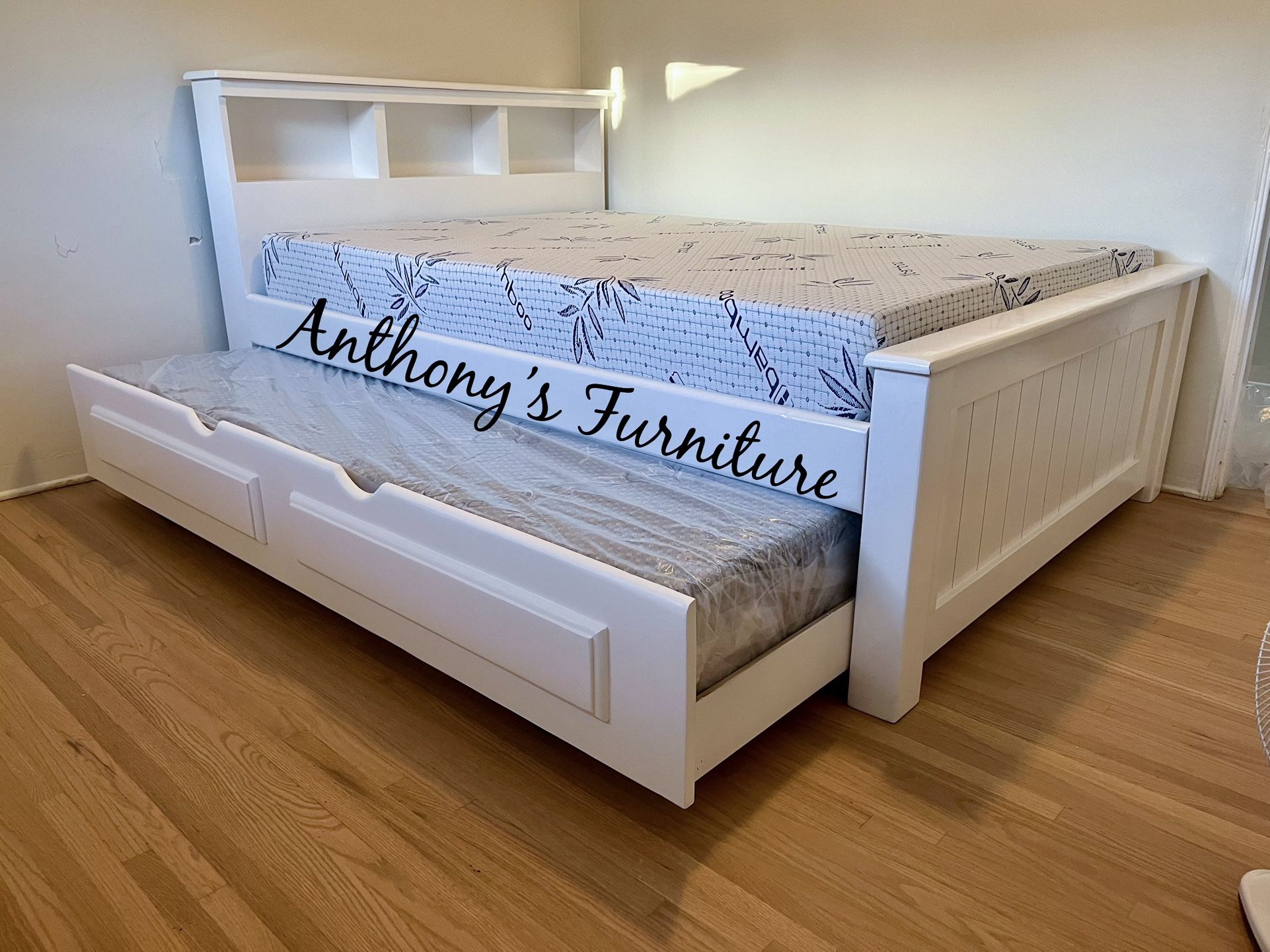 White Full Bed With Trundle And Mattresses