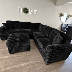 Black Corduroy Sectional Sofa With Ottoman
