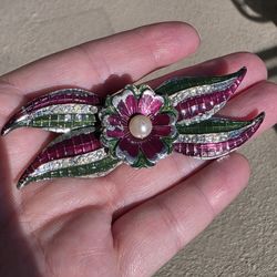 Pot Metal Suffragette Purple Green Pansy Rhinestone Enamel Flower Brooch Pin 3"