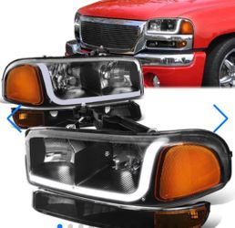 1999 to 2006 GMC Sierra LED 3D headlights black housing Luces Micas Farros GMC Sierra negras