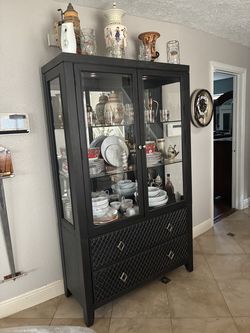 Formal Dining Table Set W 6 Leather Chairs and Lighted China Cabinet