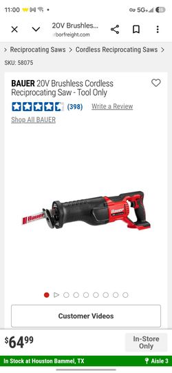Bauer 20V Brushless Cordless Reciprocating Saw