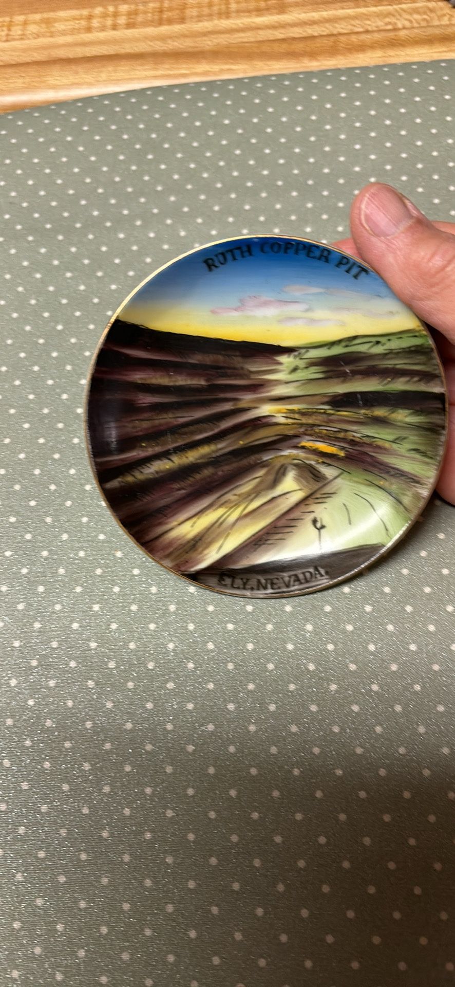 vintage 1950’s ENCO NYC  Made in Japan handpainted 4” plate china Ruth Copper Pit.  Ely, Nevada
