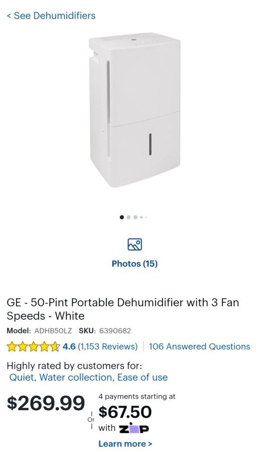 GE - 50-Pint Portable Dehumidifier - White $175