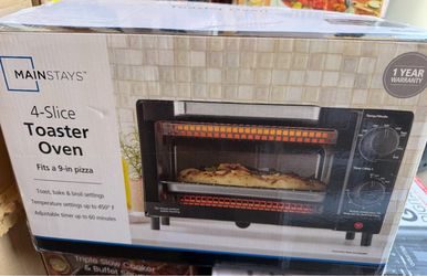 Mainstays 4 Slice Countertop Toaster Oven with 3 Settings, Includes Baking Rack and Pan, Black, New