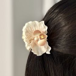 Brown & White Orchid Flower Hair Claw Clip
