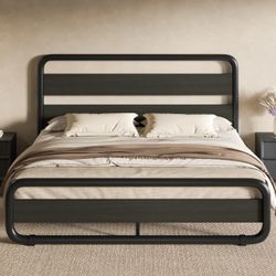 SHA CERLIN Full Size Metal Bed Frame with Wooden Headboard, Black