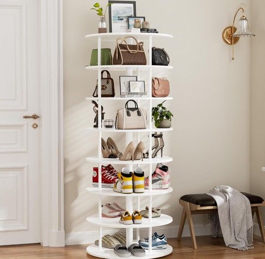 7 Tier Rotating Multi Purpose Shoe Organizer Rack Tower, Lazy Susan, 360° Spinning, White