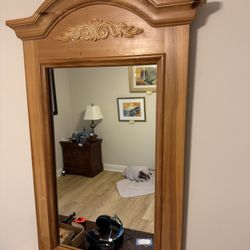 Vintage Pine Wall Mirror – Hand-Carved Scrollwork Crown