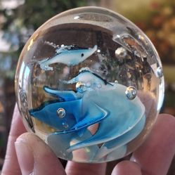 Fish Paperweight Gallery Art Glass Round Blue fish over Waves small
