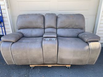 Gray Faux Leather Wall Hugger Reclining Loveseat with Console