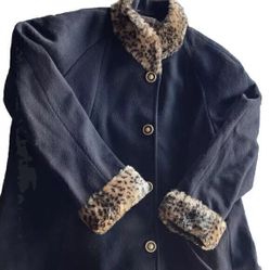 Vintage Leslie Fay Womens Sz L-XL Black Leopard Wool Long Coat Made in USA