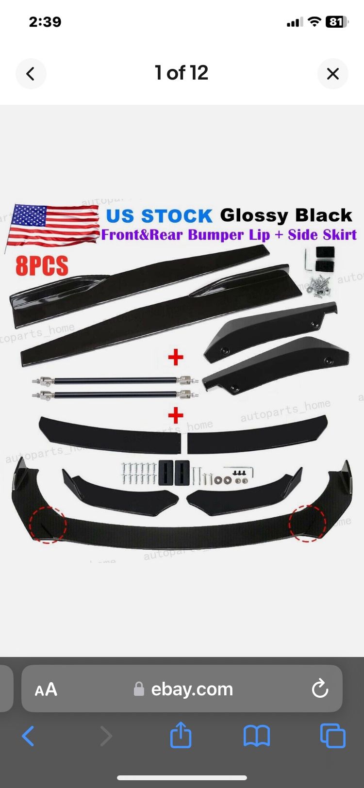Universal Glossy Black For Honda Civic Sedan Front Bumper Lip Spoiler Side Skirt Rear Lip