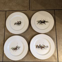 Ralph Lauren “Polo Scene” Bone China Salad And Dinner Plates Set Of 4 Gold Trim England Sport Of Kings, Equestrian Collector Plates