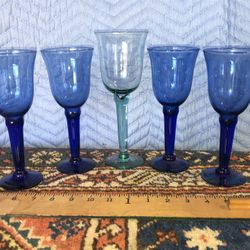 5 Vintage Hand Blown Crystal Wine Goblets