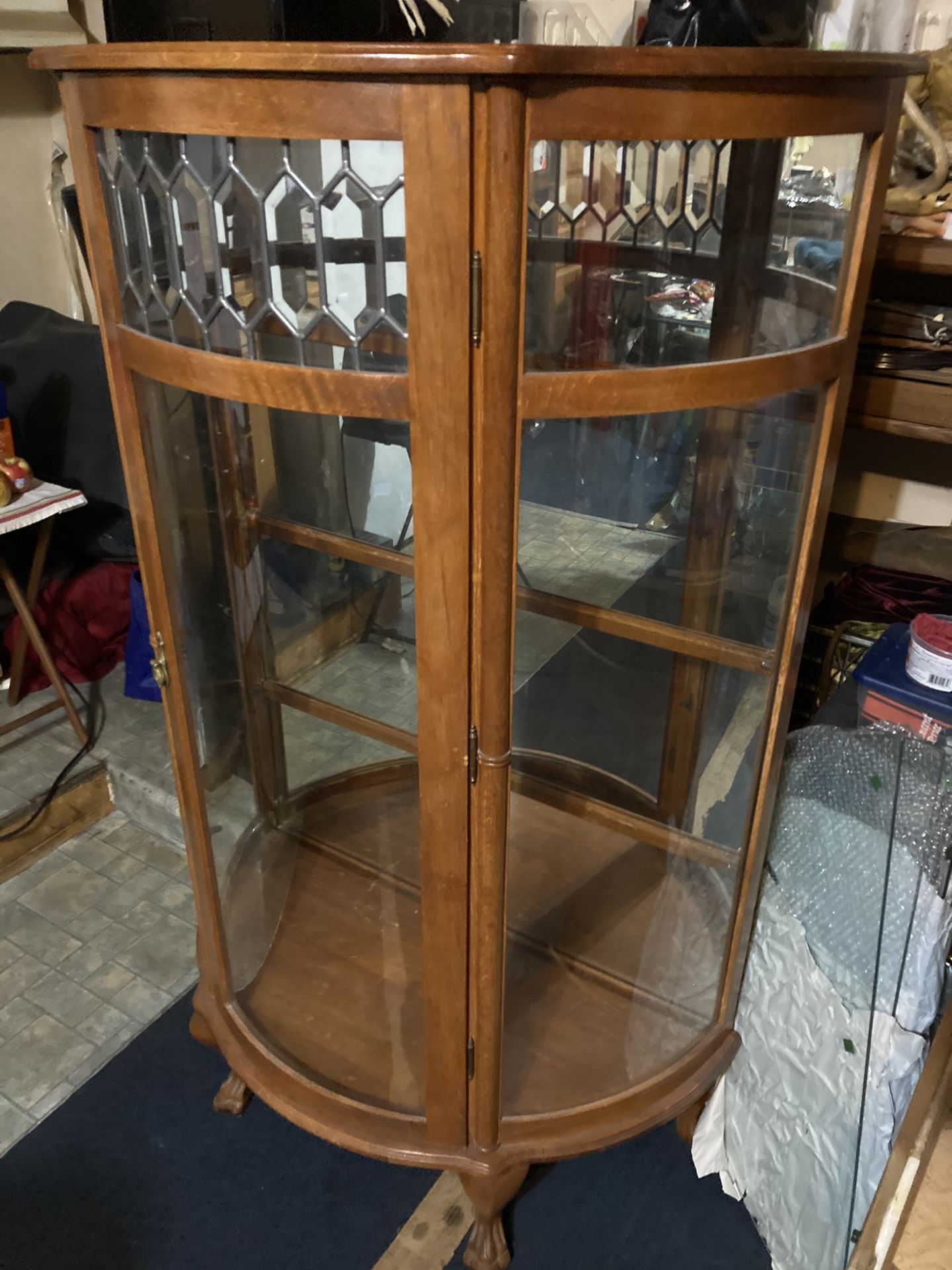 Vintage curved glass curio cabinet - China cabinet antique - solid oak