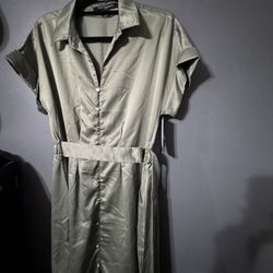 Dress Satin Olive Green Shirt Dress With Belt