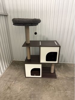 Modern Cat Tower with Condos & Hammock Perch – Espresso/Cream