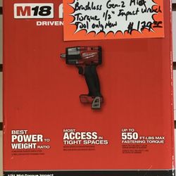 Milwaukee M18 18V Fuel Brushless Gen-2 Mid Torque 1/2” Impact Wrench Tool Only New 