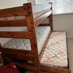 Custom Built Wood Bunk Beds With Trundle & 3 Mattress