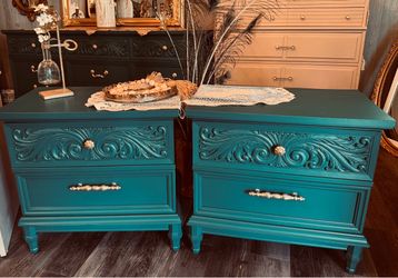 Gorgeous Peacock Teal & Gold  Matching Nightstands
