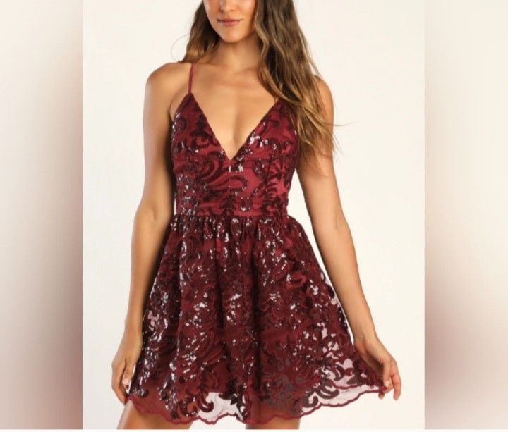 NWT Lulu's Sweetest Celebrations Wine Red Sequin Skater Mini Dress Size Medium