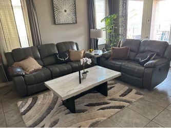 Living furniture table, sofa, love seat, end table.