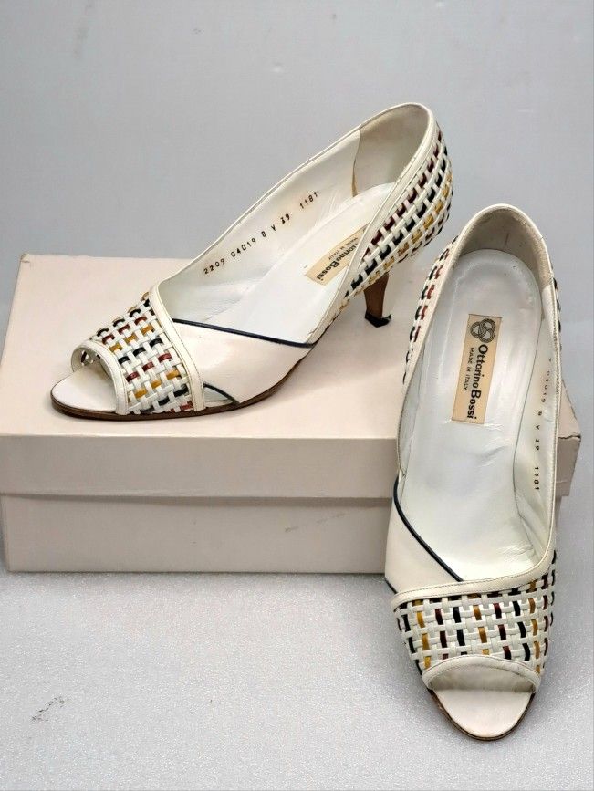 Ottorino Bossi Shoes Women's 39EU/8.5US Peep Toe Pumps Woven Italy Vintage 80s