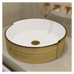 MEJE 16.75 Inch LUXURY Gold Stripes Round Art Basin, Above Counter Bathroom Vessel Sink, Porcelain Ceramic Countertop Sink (Include Pop Up Drain)