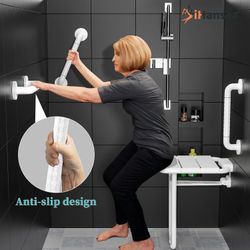 Folding Shower Seat Wall Mounted 14 Inch x 16 Inch with 14 Inch Grab Bar, Stainless Steel Narrow Shower Bench for Elderly and Disabled Heavy Duty Anti