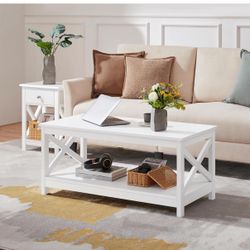 White Coffee Table with Storage Shelf